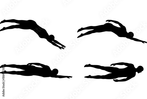 Silhouettes of divers in various poses isolated on white background, Vector, illustration