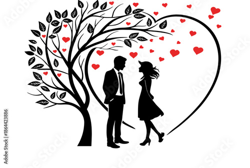 Couple walking under heart-shaped tree isolated on white background, Vector, illustration