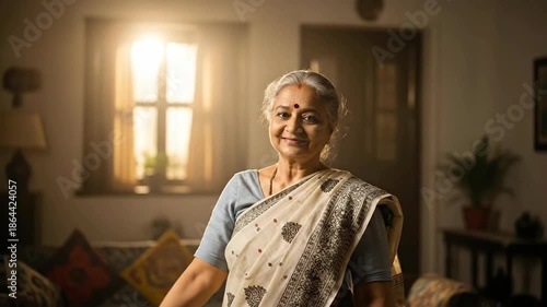 Vantage-led shot of elderly woman in traditional sari with joyful expressions