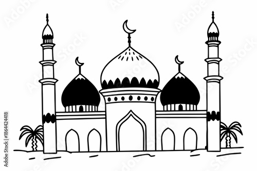 Flat vector illustration of an Islamic mosque with domes and minarets, isolated on a transparent background	
