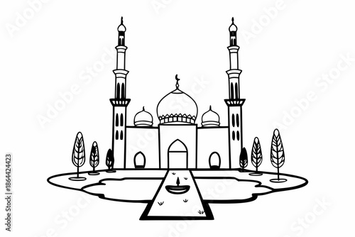Flat vector illustration of an Islamic mosque with domes and minarets, isolated on a transparent background	
