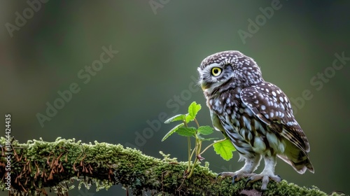 Small Brown and White Spotted Owl Perched on Mossy Branch in Forest