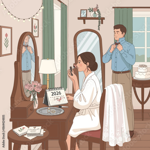 Couple preparing for wedding, bride applying makeup, groom adjusting bow tie