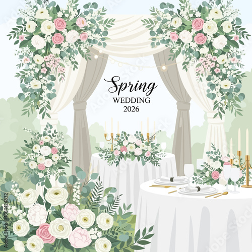 Elegant Spring Wedding Arch and Tablescape with Floral Decorations