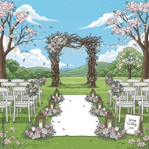 Outdoor wedding ceremony setup with floral arch, aisle runners, chairs, and lanterns on a spring day.