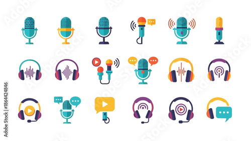 Collection of podcasting and broadcasting icons including microphones and headphones.