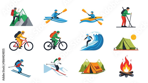 Collection of Outdoor Adventure Sports and Activities Icons.