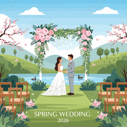 Spring Wedding Ceremony by Lake with Floral Arch and Mountains