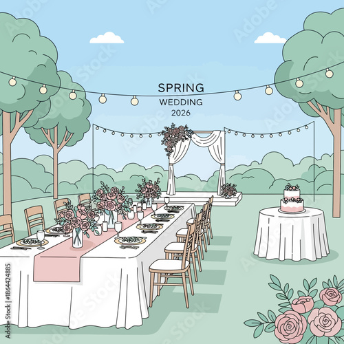 Spring Wedding Ceremony Outdoor Venue Setup with Long Table, Arch, and Cake