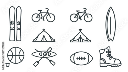 Collection of outdoor sport and activity icons in a simple line art style.