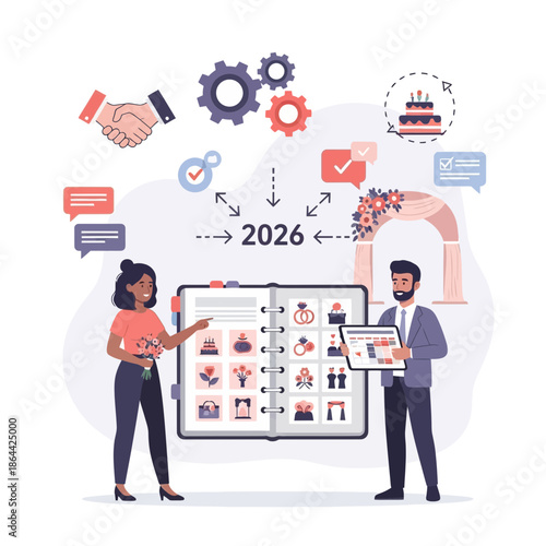 Wedding Planning 2026: Couple Meeting Planner, Calendar, Rings, Cake, Arch