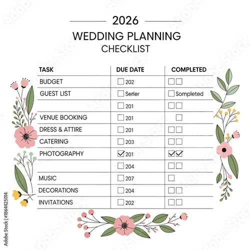 Wedding Planning Checklist 2026 with Floral Accents - Task Organizer