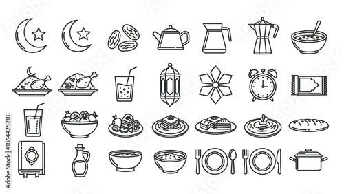 Collection of Ramadan Icons Representing Traditional Islamic Culture and Celebration.