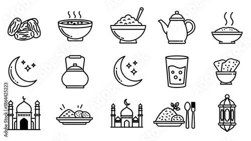 Collection of Ramadan Icons with Dates, Food, Mosque, and Moon.