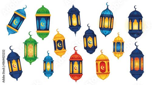 Collection of Ramadan Lanterns with Crescent Moon and Star Decorations.