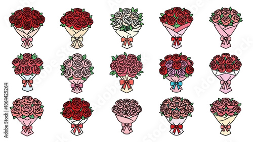 Collection of Red Rose Bouquets in Various Wrappings.