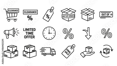 Collection of retail and sale icons in outline style.