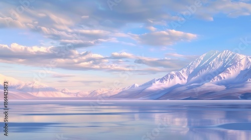 Snowy Mountain Range Reflecting in Calm Lake Under Blue Sky and Fluffy Clouds
