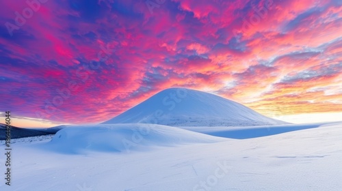 Snowy Mountain Under Vibrant Sunset Sky with Pink and Orange Clouds