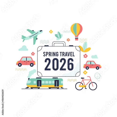 Spring Travel 2026: Diverse Transportation and Holiday Icons