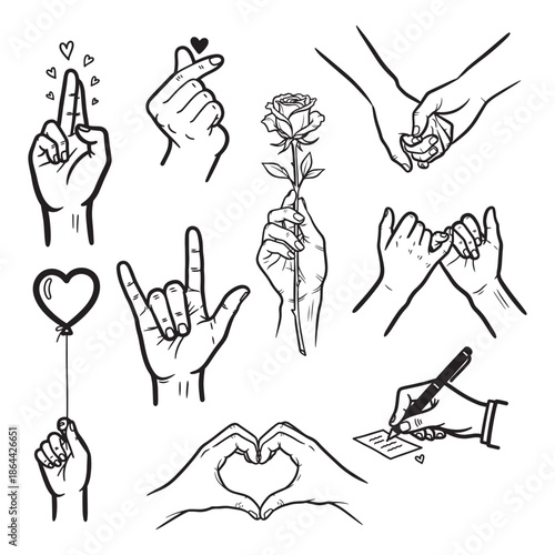 Set of 9 cute hand drawn Valentine hand gesture icons including finger hearts, holding hands, rose, pinky promise and love symbols vector illustration
