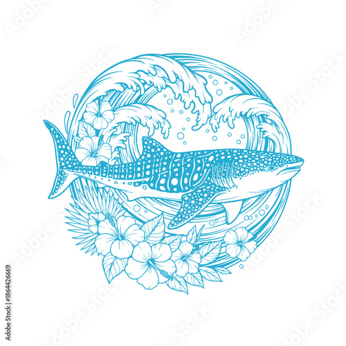 Whale Shark Swimming Through Tropical Ocean Waves and Flowers.