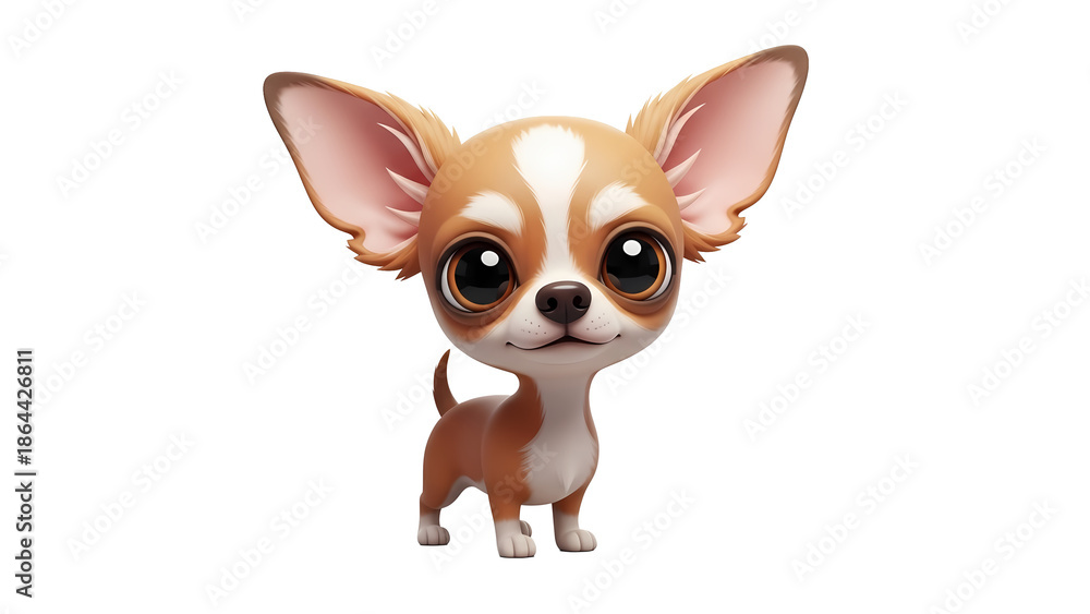 Obraz premium A charming cartoon-style Chihuahua puppy with big, expressive eyes. The dog has a brown and white coat and pointy ears