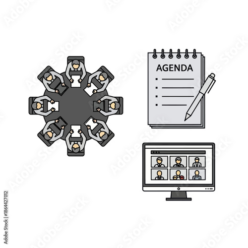 Business meeting and conference icon set with a roundtable discussion, agenda, and virtual video call.