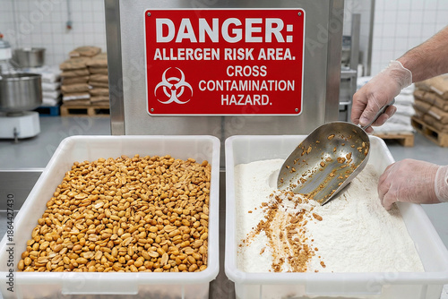 Allergen risk area with peanuts and white flour bins side by side showing potential cross contamination hazard in a food production facility