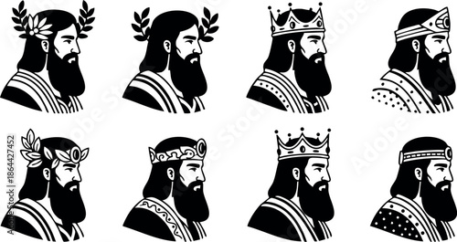 Ancient kings and warriors profile illustrations with crowns and laurel wreaths vector set 