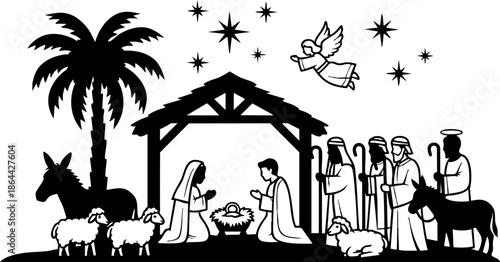 Nativity scene with holy family shepherds and animals black silhouette vector illustration 