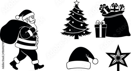 Santa Claus carrying sack with Christmas tree and gifts festive holiday vector illustration 