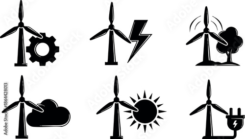 Wind Turbine Energy Icons Set with Nature and Technology Symbols Vector Illustration 