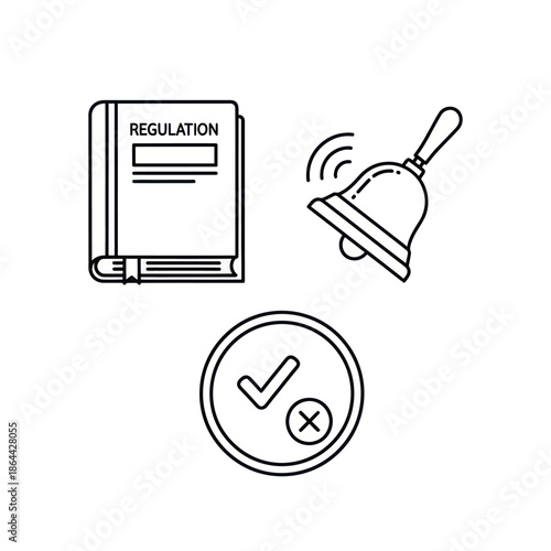 Compliance and regulation icon set with a law book, alarm bell, and a yes or no choice symbol.