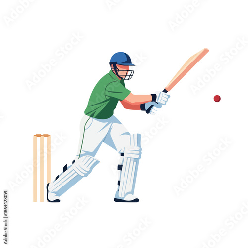 Cricket batsman in a green uniform and blue helmet swinging the bat to hit the ball.