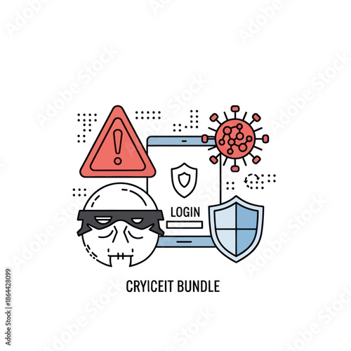 Cybersecurity concept with hacker, virus, and protection shield icons. A line art illustration of digital threats and data safety.