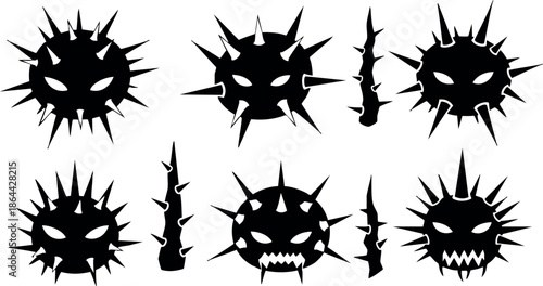 Spiky black virus icons set with angry and fierce faces simple vector illustration 