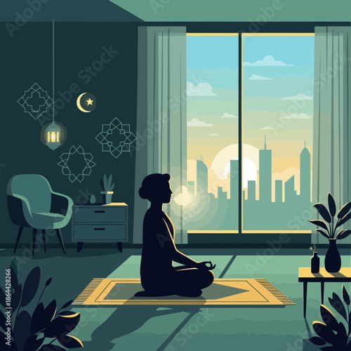 Silhouette of Woman Meditating by Window with Cityscape Sunrise View