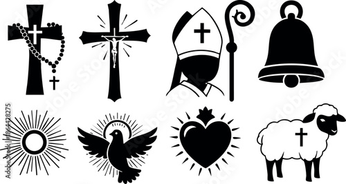 Religious symbols collection including cross, bishop, dove, heart, bell, and lamb vector illustration 