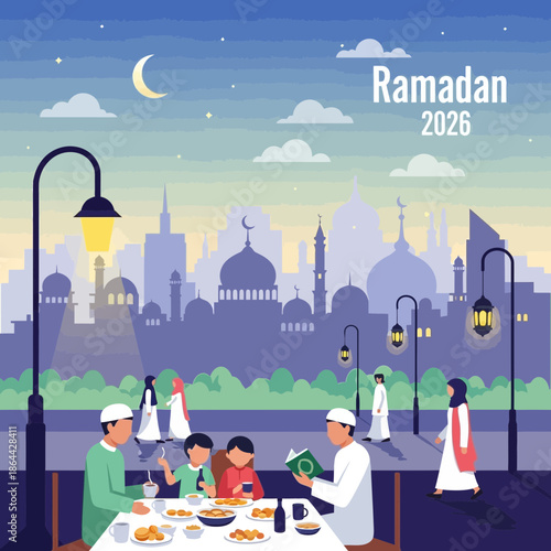 Ramadan 2026 Celebration: Family Iftar Dinner at Dusk with City Skyline