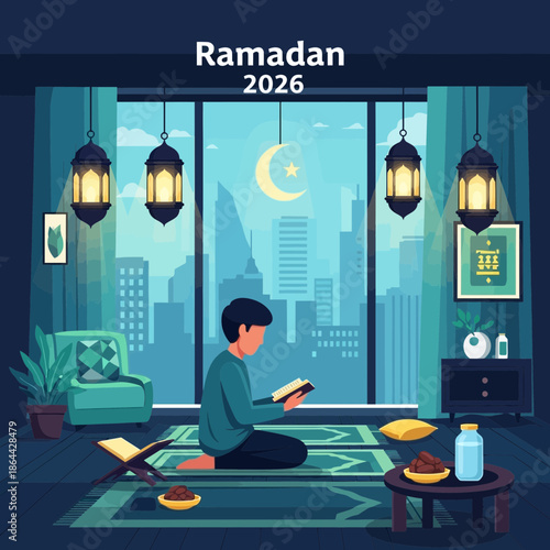 Ramadan 2026: Man Reading Quran in Cozy Room with City View and Ramadan Lanterns