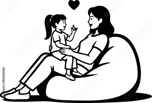 Mother and daughter sitting on bean bag sharing love heart vector illustration 