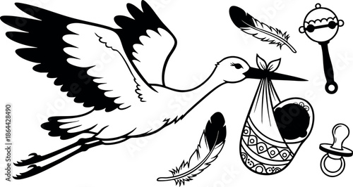 Stork carrying baby bundle with feathers pacifier and rattle black and white vector illustration 