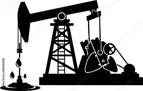 Oil Pumpjack Extracting Crude Oil Silhouette Vector Illustration in Black and White 