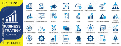 Business strategy icon set featuring data insights, planning, budget, growth, risk management, marketing, leadership and innovation concepts. Clean modern flat vector icons with editable stroke, ideal