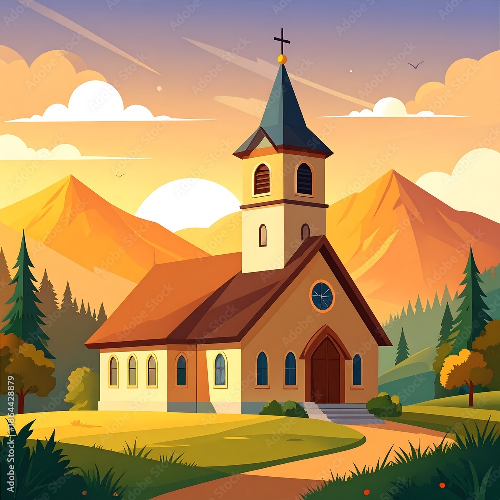 Naklejka premium Church sits on a grassy hill with mountains and sunset sky backdrop in a whimsical cartoon style