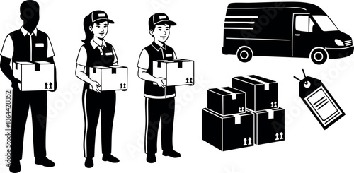 Delivery workers holding packages with delivery van and parcel tag vector illustration 