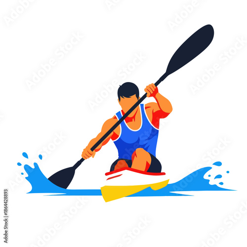 Dynamic flat vector illustration of a male athlete competing in a kayak race.