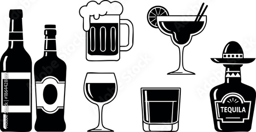 Alcoholic drinks collection with wine, beer, tequila, cocktail and whiskey vector icons 