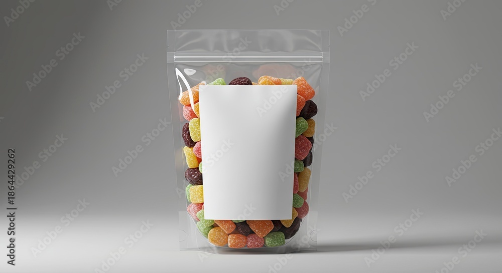 Obraz premium Transparent Pouch Bag Filled With Colorful Gummy Candies Mockup